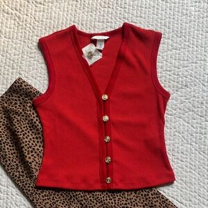 Button Front V-Neck Sweater Vest with Gold Buttons